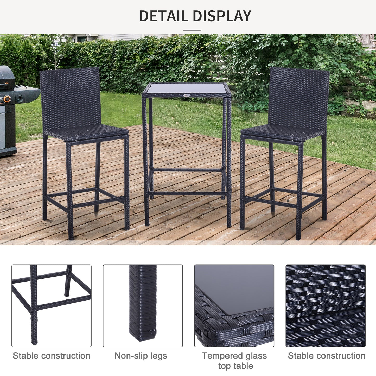 Outsunny 3 Piece Wicker Rattan Garden Bar Set, Bar Stool and Table for Patio, Garden, Balcony, Poolside, Black