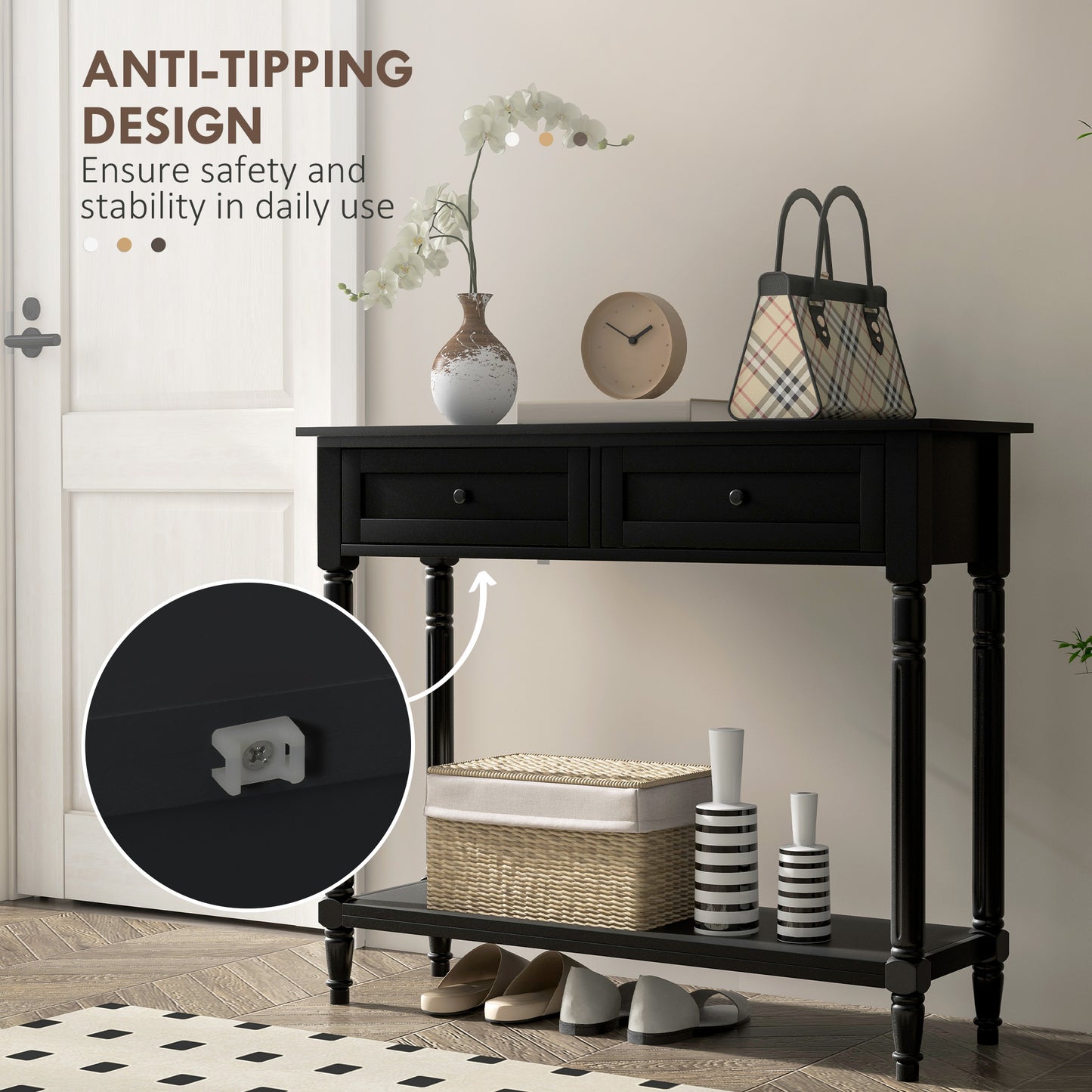 Console d'entrée moderne avec 2 tiroirs, étagère de rangement, noir
