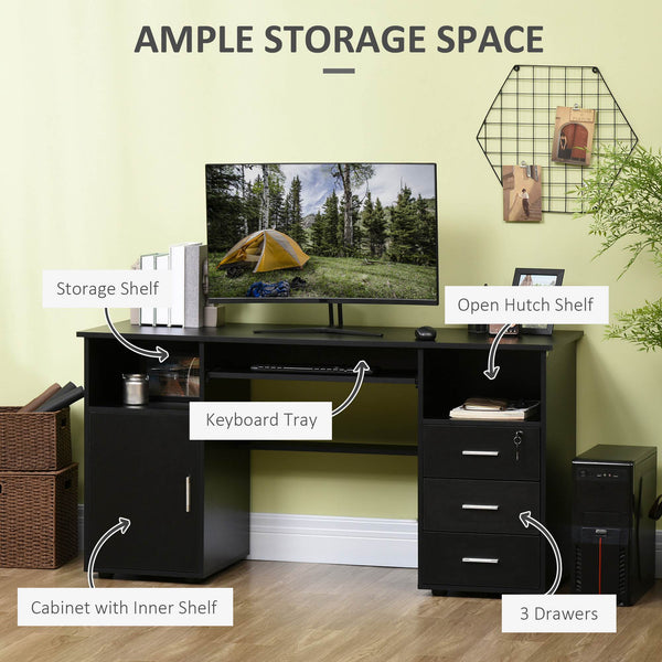 Computer Desk with Drawers, Keyboard Tray, Open Shelves, Black