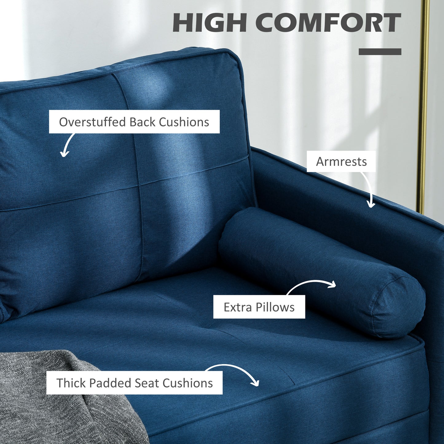 2 seater upholstered sofa with back cushions and pillows, blue