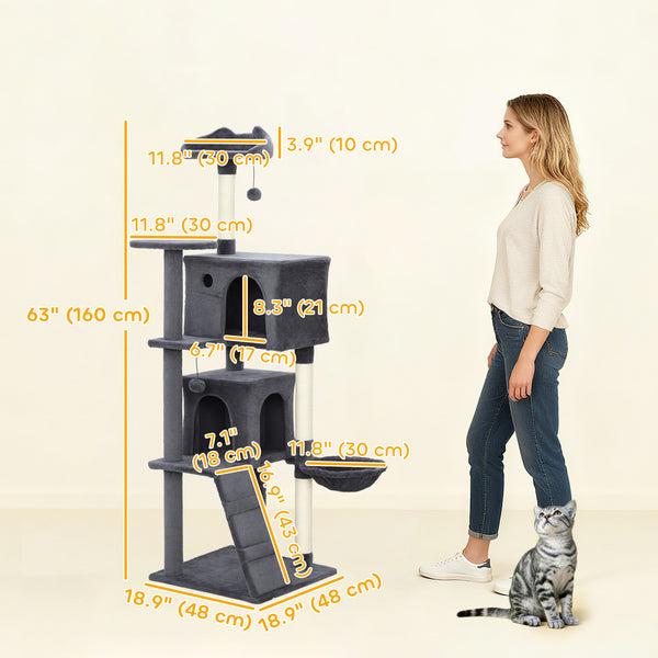 Arbre à chat de 160 cm avec griffoirs, cabanes, perchoirs moelleux, hamac, échelle, gris foncé