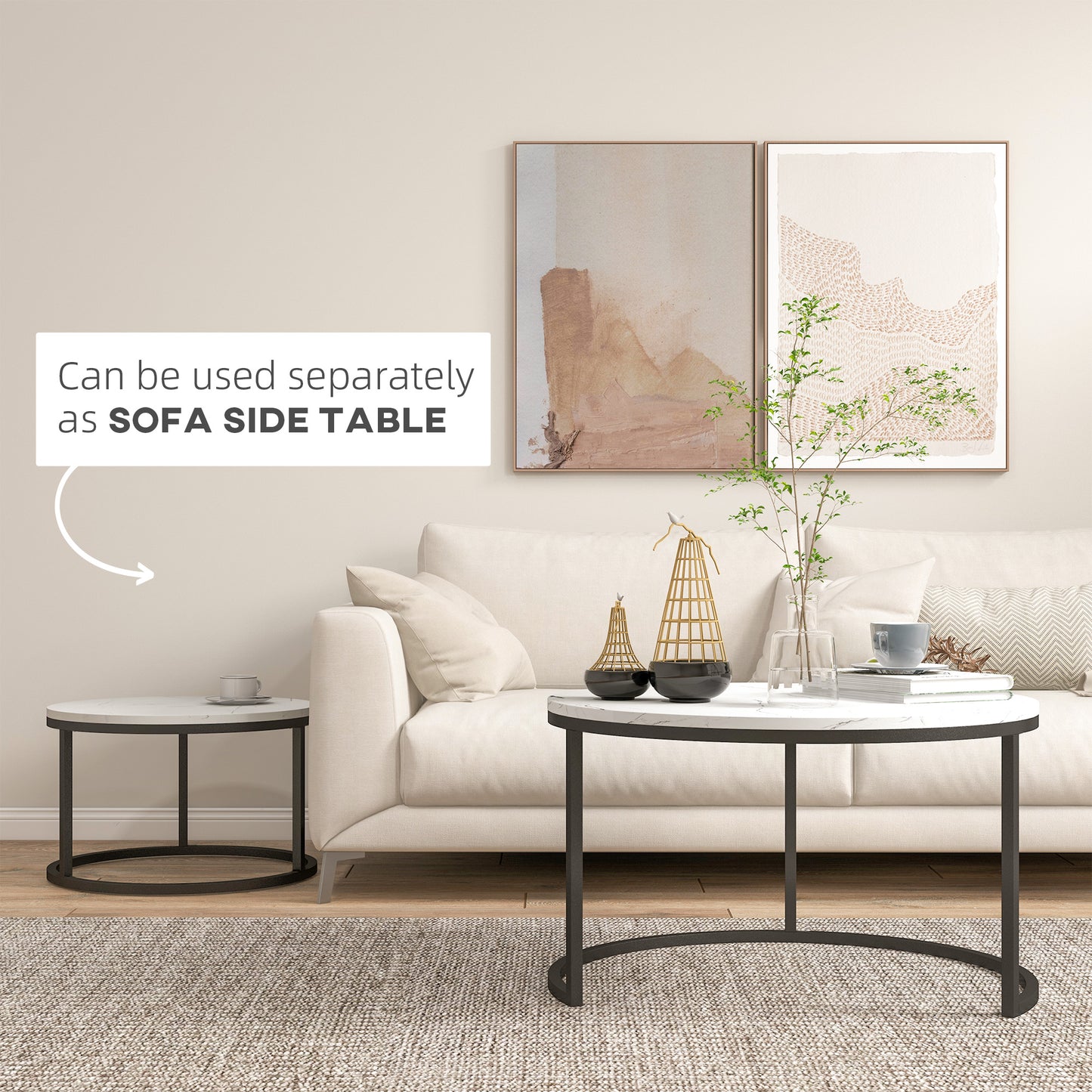Lot de 2 tables basses modernes avec base en métal, imitation marbre blanc