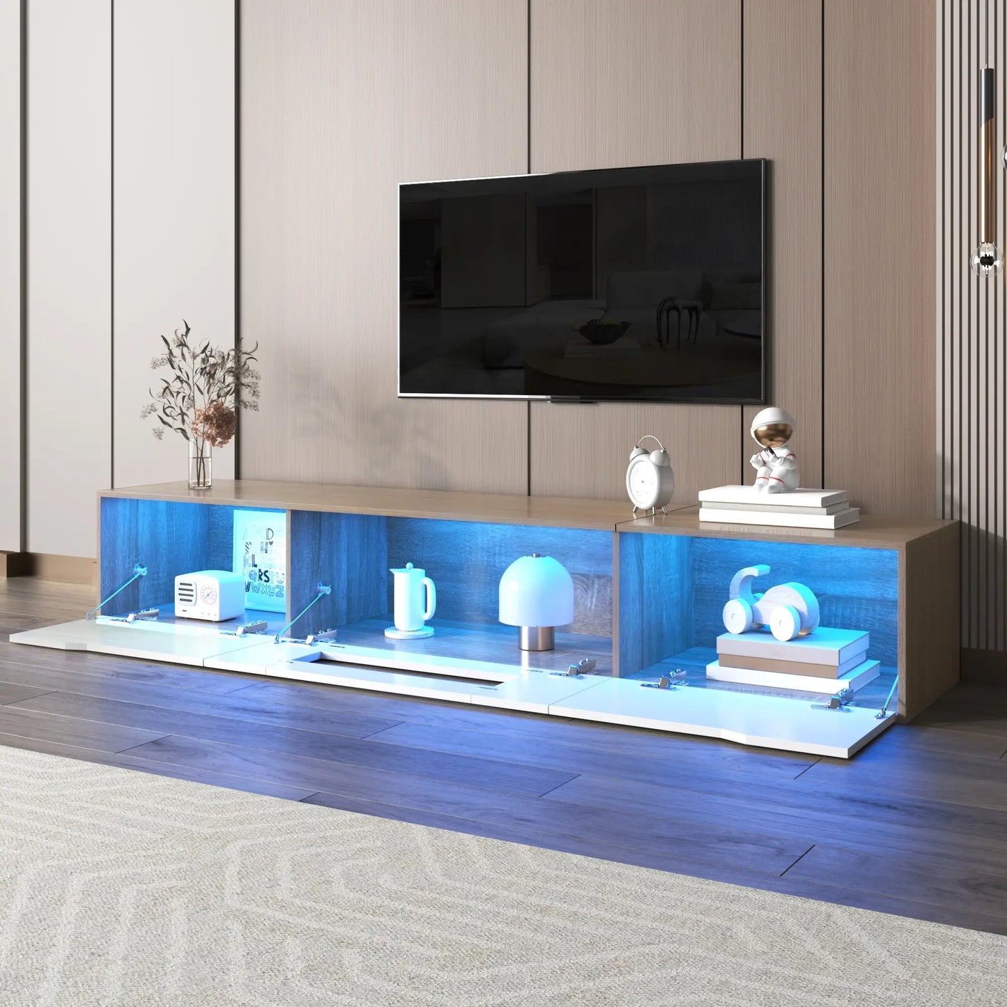 Meuble TV brillant avec éclairage LED, design moderne et options de montage polyvalentes, blanc et bois