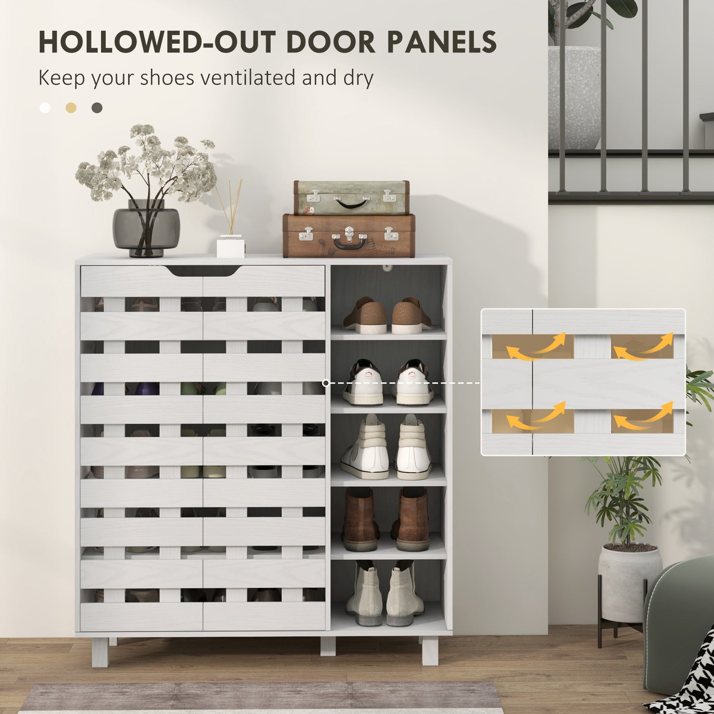 Meuble à chaussures HOMCOM, meuble de rangement pour 21 paires de chaussures avec armoire à double porte à 5 niveaux et étagères ouvertes à 5 niveaux, blanc