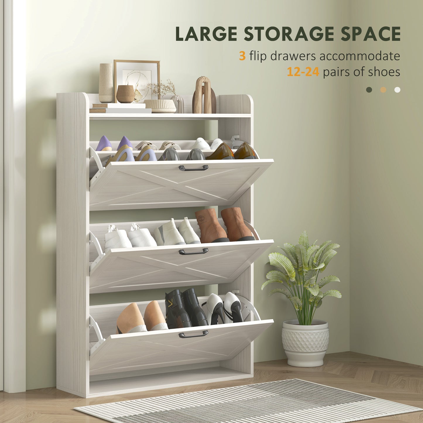 Meuble de rangement à chaussures de style ferme avec 3 tiroirs rabattables et étagères réglables, chêne blanc