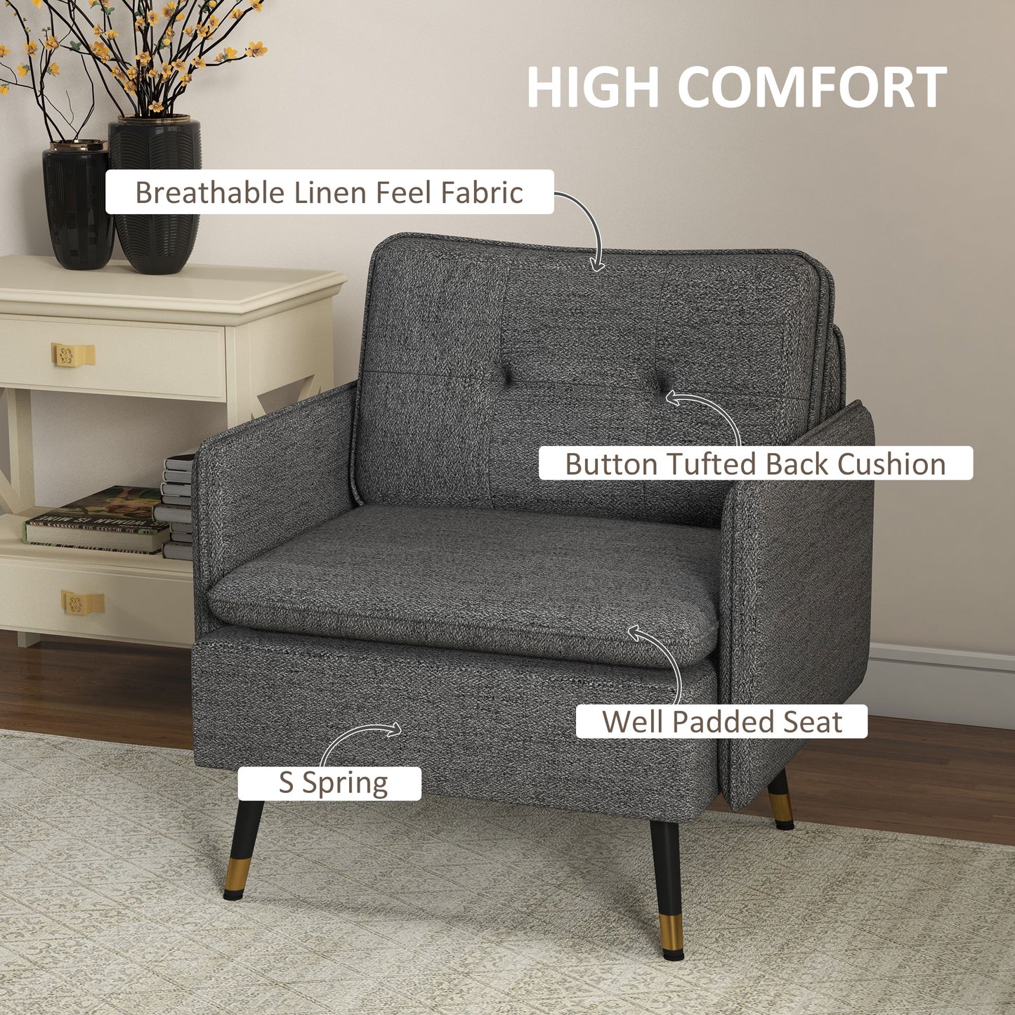 Fauteuil d'appoint moderne rembourré avec coussin de dossier capitonné et pieds en acier, pour salon et chambre, gris foncé