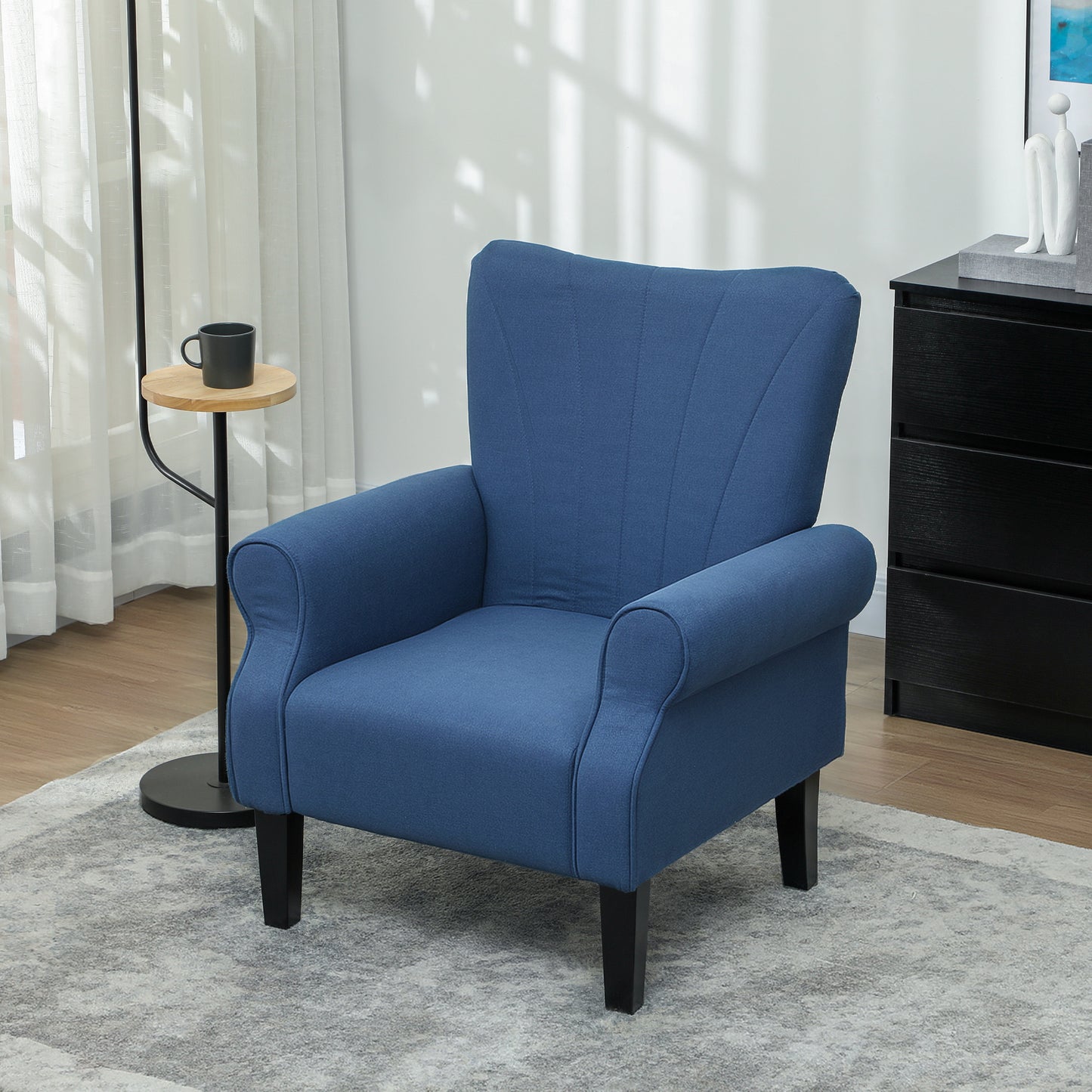 Fauteuil d'appoint moderne en tissu HOMCOM avec pieds en bois pour salon, chambre et bureau, bleu foncé