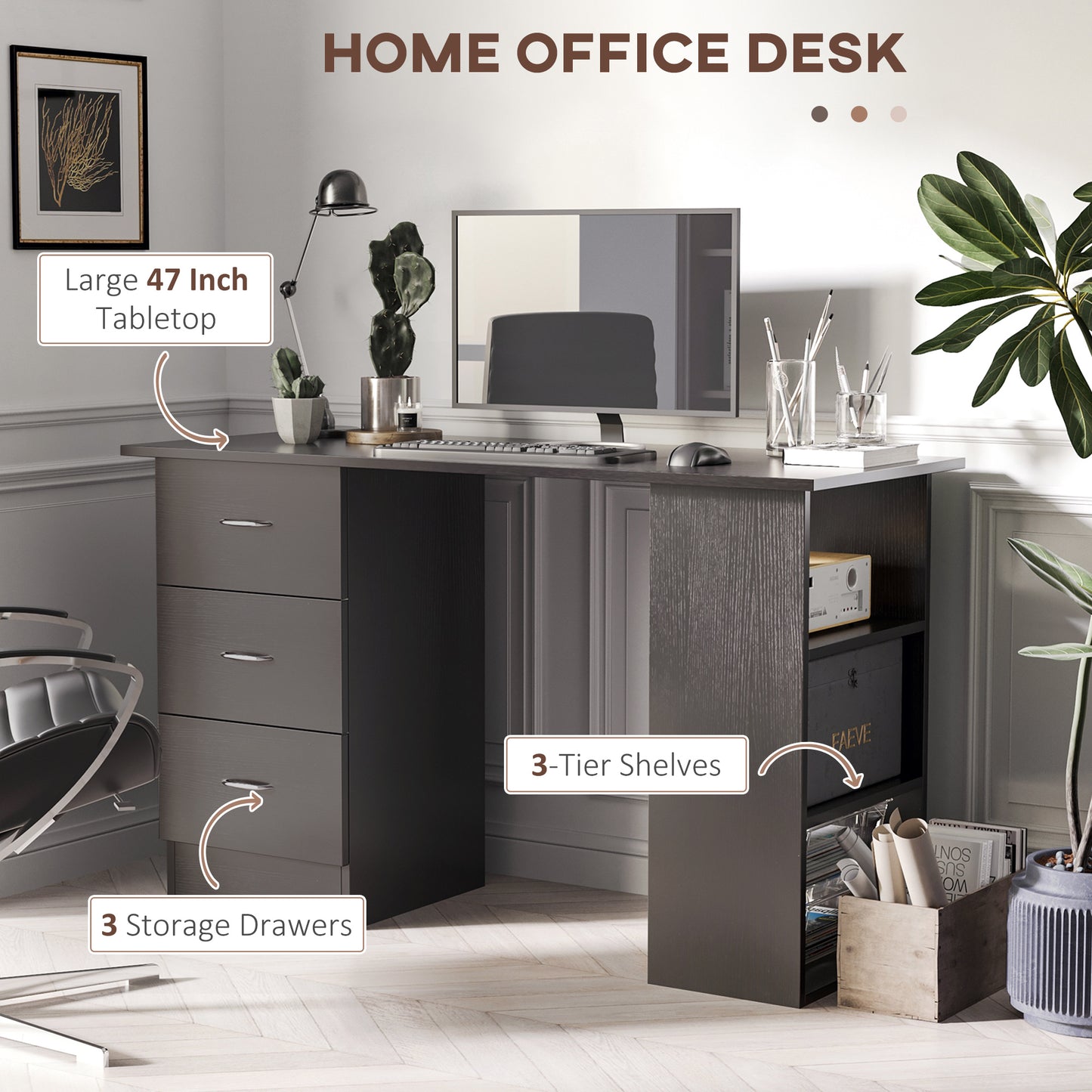 Bureau avec étagères de rangement à 3 niveaux avec tiroirs, noir