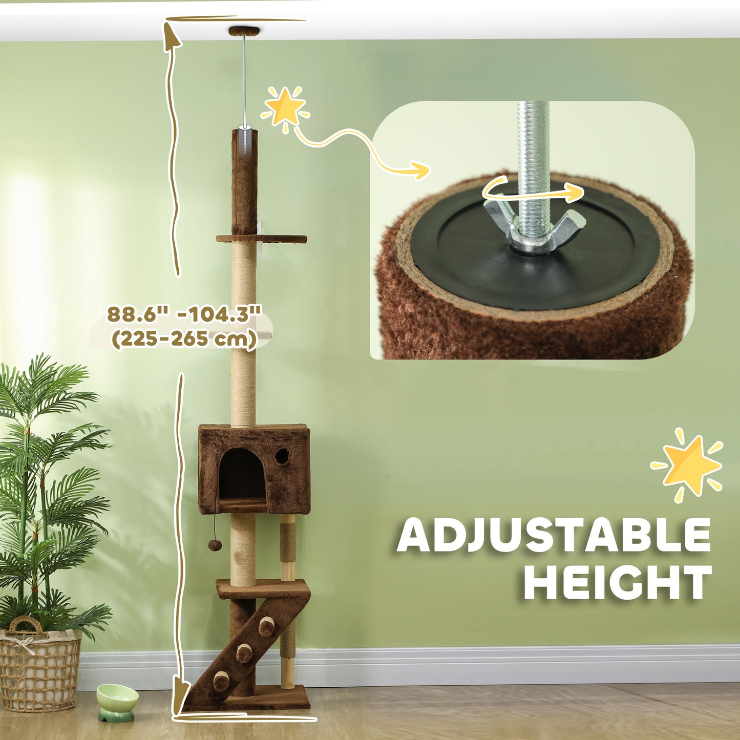 226-264 cm (89-104 in) Cat Tree with Scratching Post, Cat House, 3 Steps, Hanging Ball, Brown