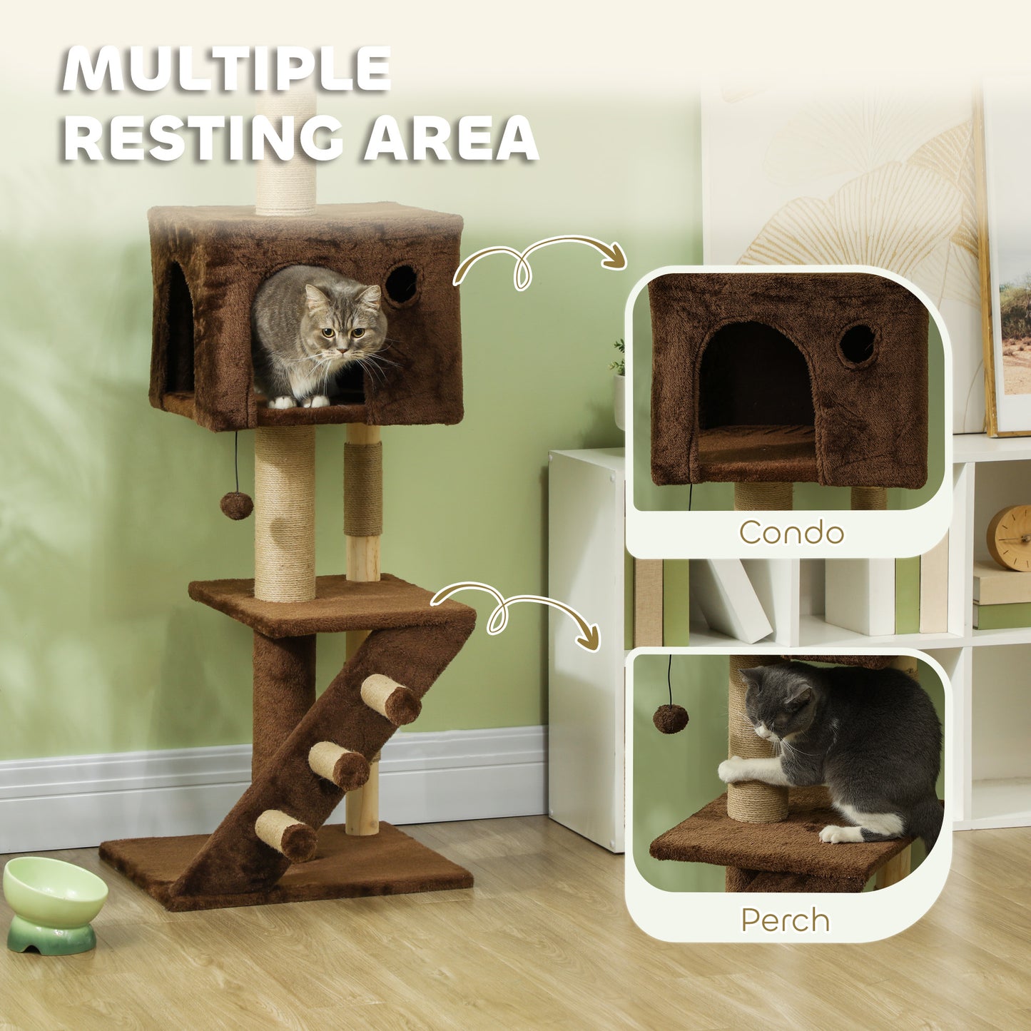226-264 cm (89-104 in) Cat Tree with Scratching Post, Cat House, 3 Steps, Hanging Ball, Brown