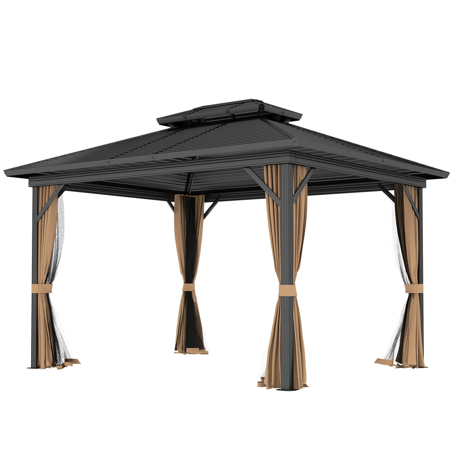 Gazebo 10' x 12' à toit rigide, abri solaire avec toit métallique à deux niveaux, moustiquaire et crochet de suspension, brun foncé