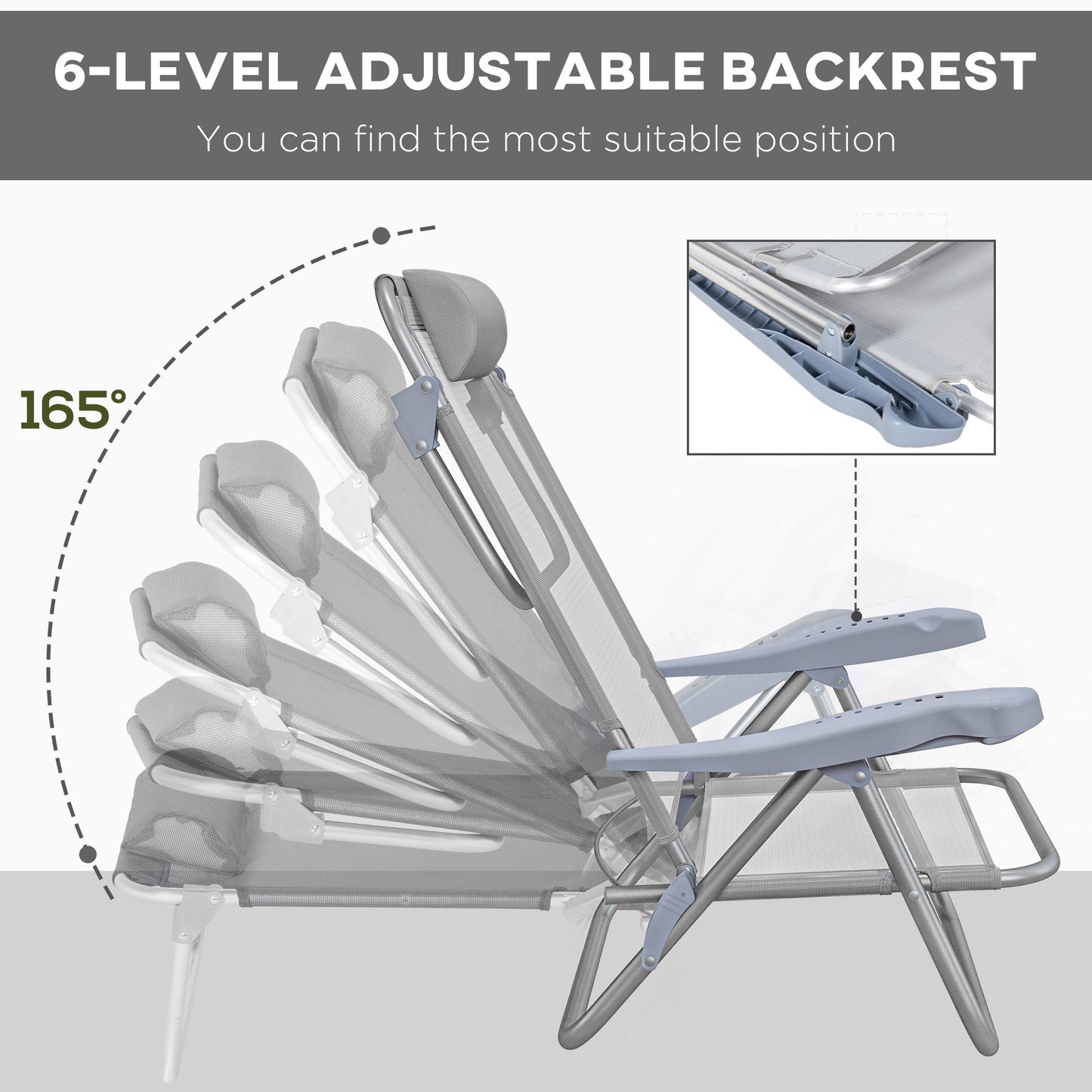 Lot de 2 chaises de plage, chaises de camping avec dossier et appui-tête réglables, gris clair