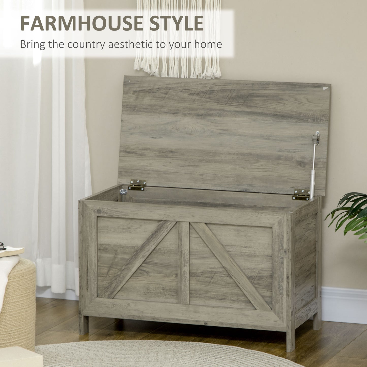 Coffre de rangement style ferme, charnière de sécurité pour ouverture à 100°, grain de bois gris