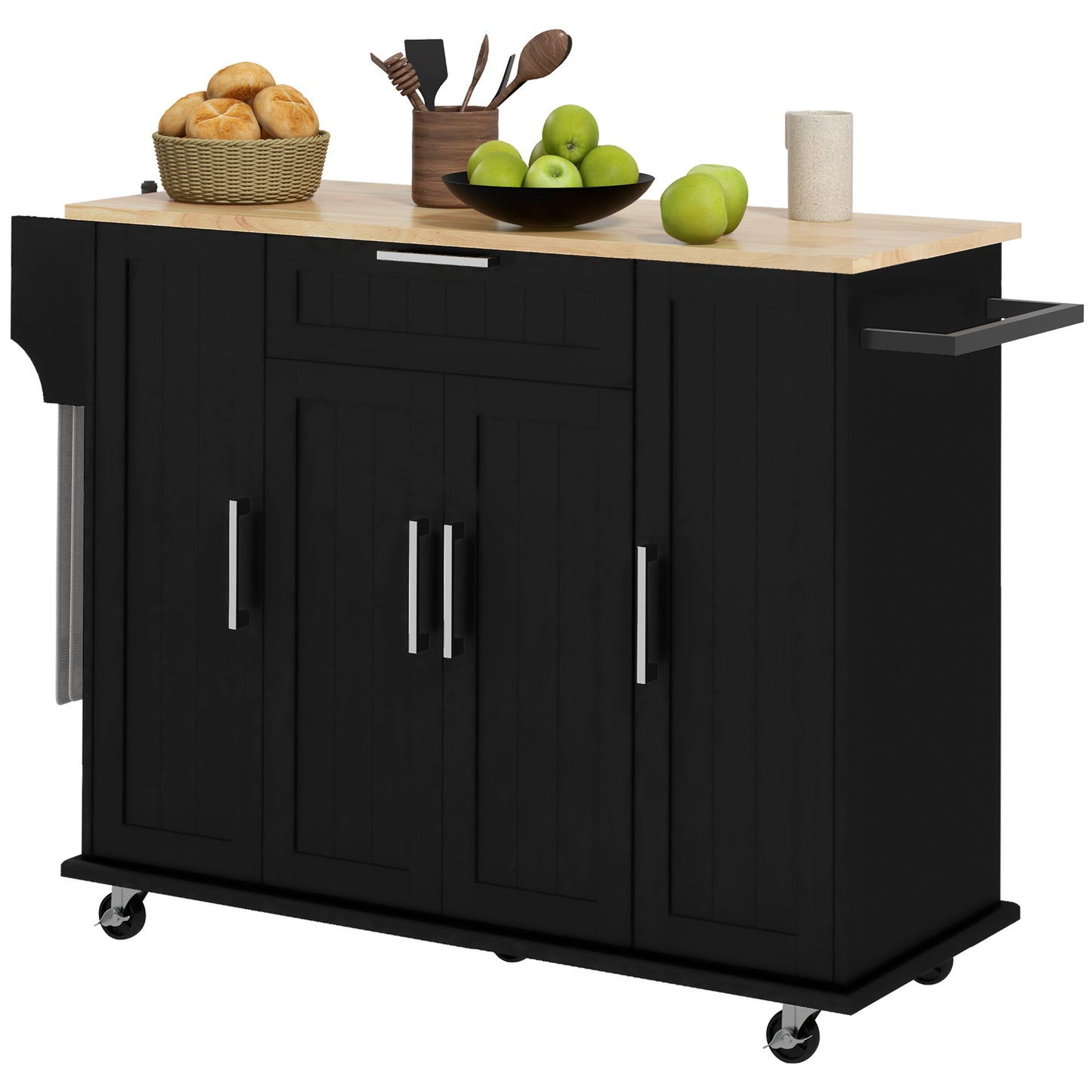 Desserte de cuisine moderne à roulettes avec tiroirs, plateau en bois naturel, porte-serviettes, armoire de rangement à porte, noir