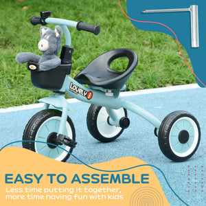 Tricycle avec siège réglable, panier, sonnette, bleu