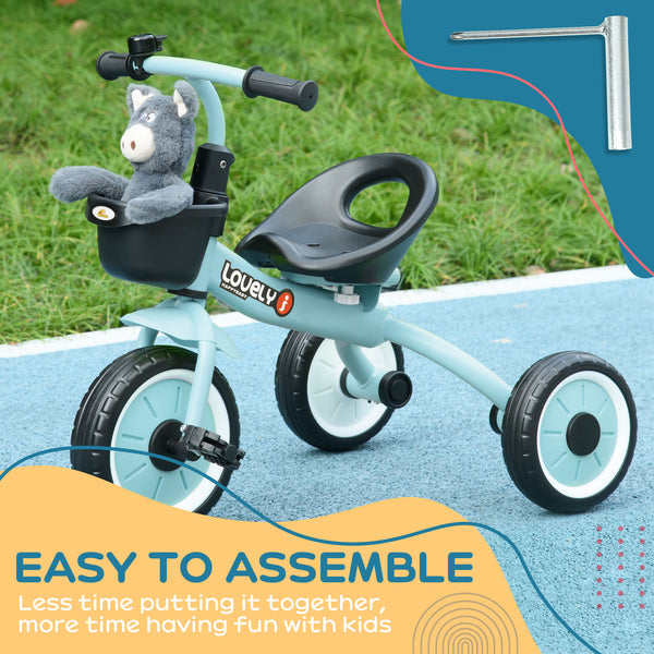 Tricycle avec siège réglable, panier, sonnette, bleu