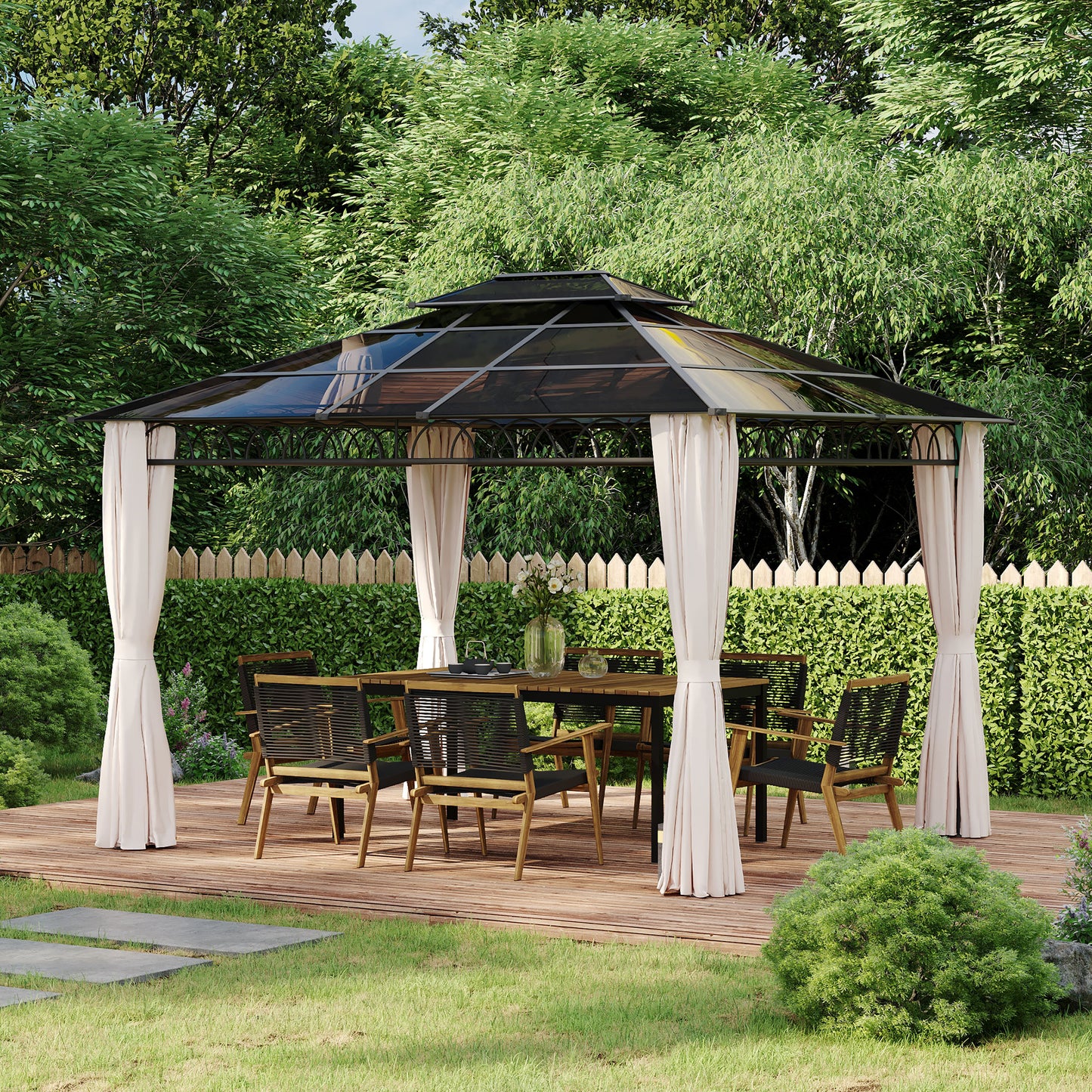 Gazebo 10' x 12' avec toit rigide double PC, structure en acier, filets et rideaux, kaki