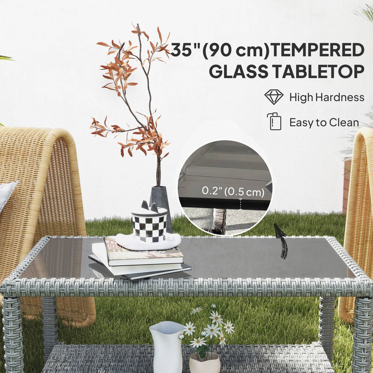 Table basse d'extérieur 35" en osier avec plateau en verre et étagère de rangement, gris foncé