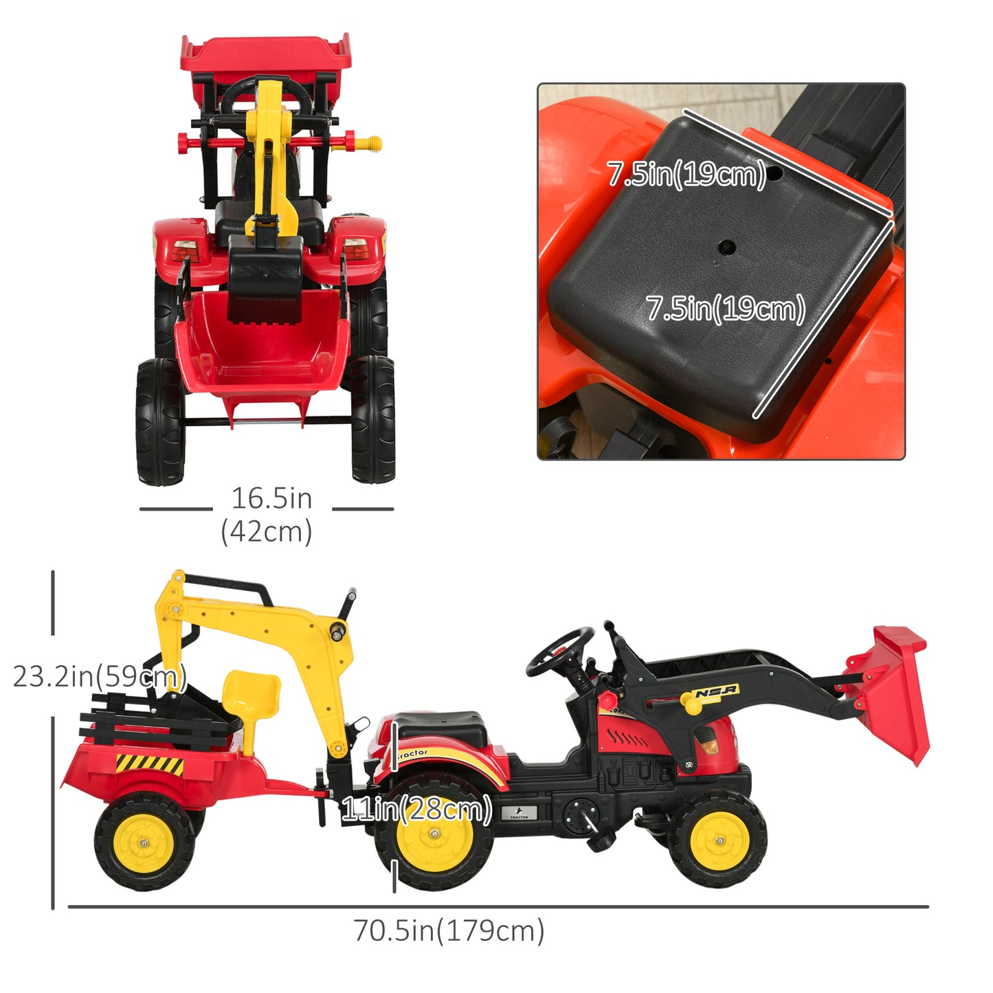 3 in 1 6-wheel excavator, bulldozer with controllable loading trailer and easy-to-use pedals