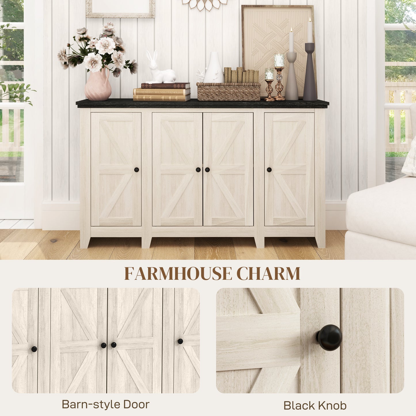 Rustic Sideboard with Adjustable Shelves for Living Room, Dining Room and Entryway, White Wood Grain