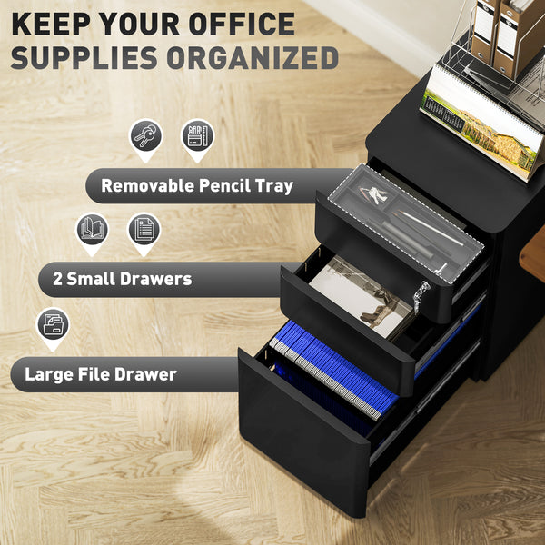 3-Drawer Filing Cabinet, Lockable Steel Storage Cabinet with Hanging Bar for Letter, A4 and Legal Files, Black