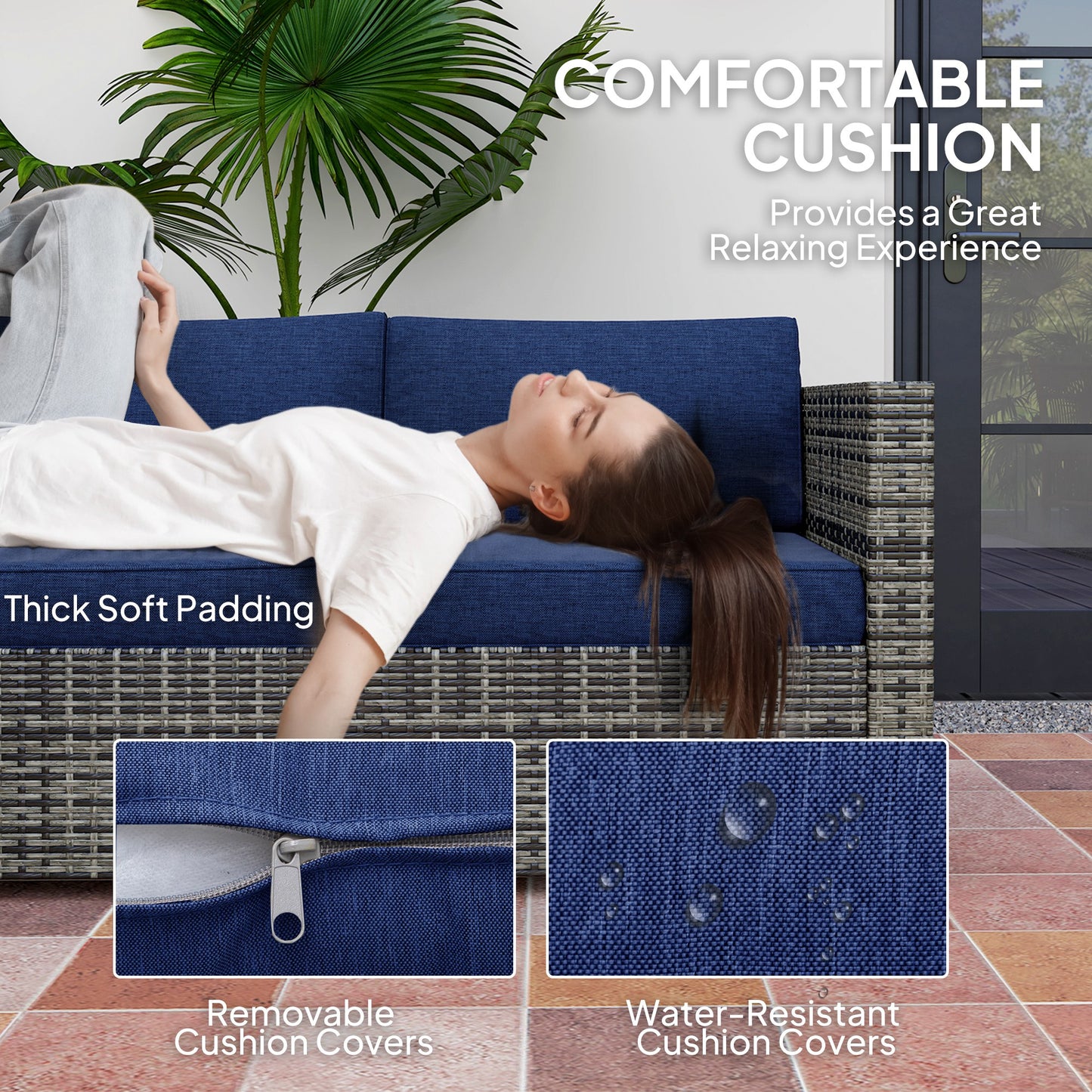 Outsunny 4 Piece Wicker Rattan Patio Furniture Set with Corner Sofa, Loveseats and Coffee Table Cushions, Navy Blue