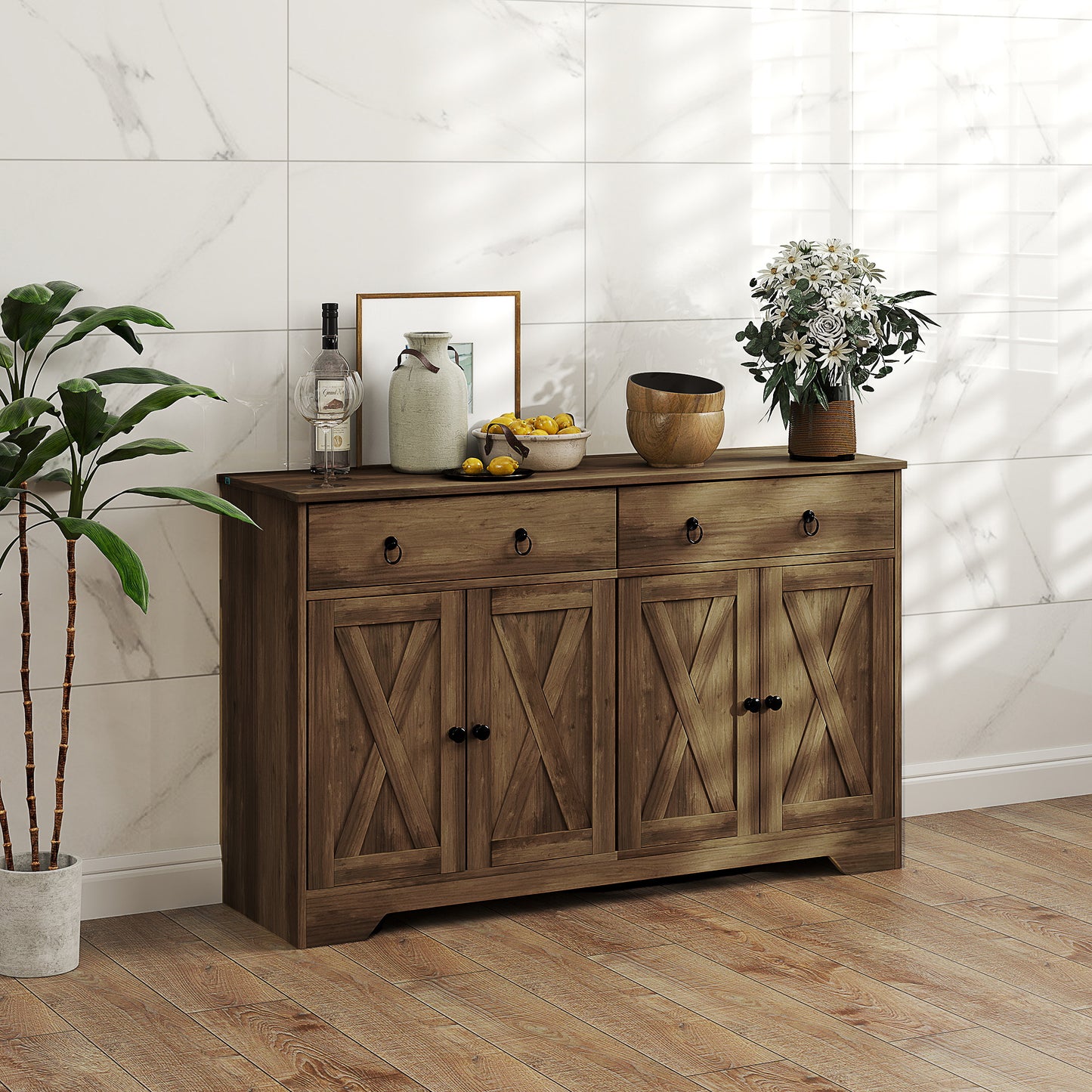 Buffet marron clair avec 2 tiroirs, 4 portes de grange et 2 étagères réglables – meuble de rangement style rustique pour salle à manger ou salon