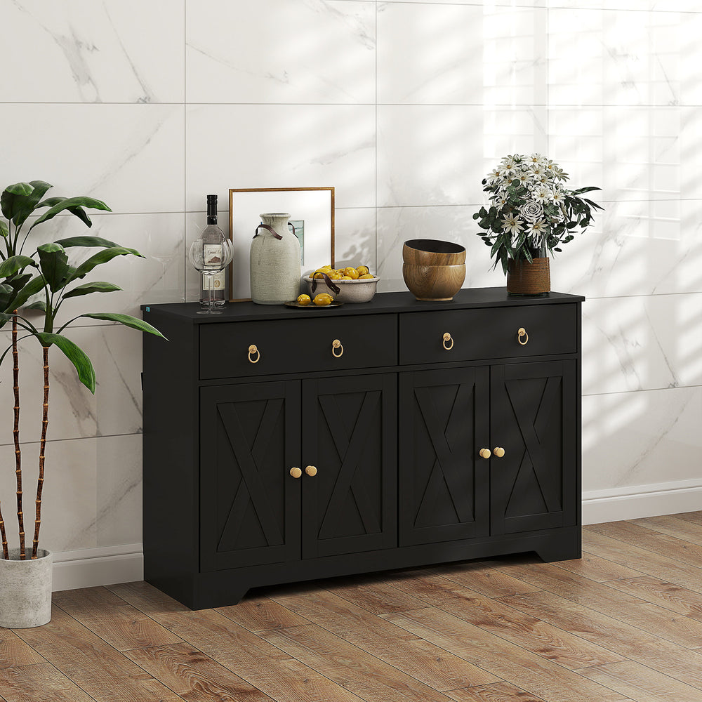 Buffet noir avec 2 tiroirs, 4 portes de grange et 2 étagères réglables – meuble de rangement élégant pour salon, salle à manger ou entrée