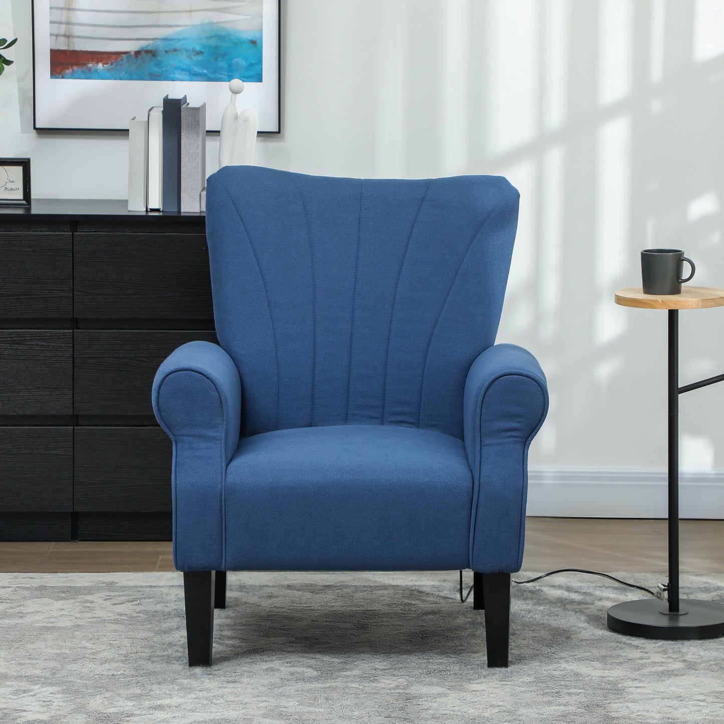 Fauteuil d'appoint moderne en tissu HOMCOM avec pieds en bois pour salon, chambre et bureau, bleu foncé