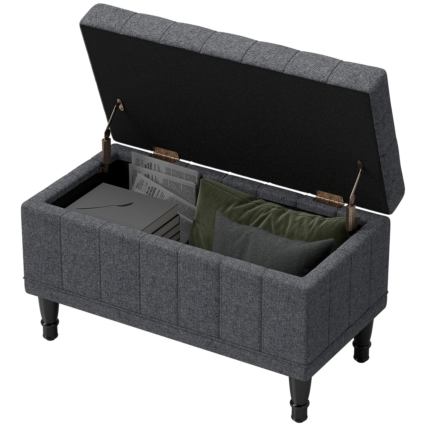 Pouf de rangement, banc de chevet en tissu lin avec capitonnage à boutons, gris