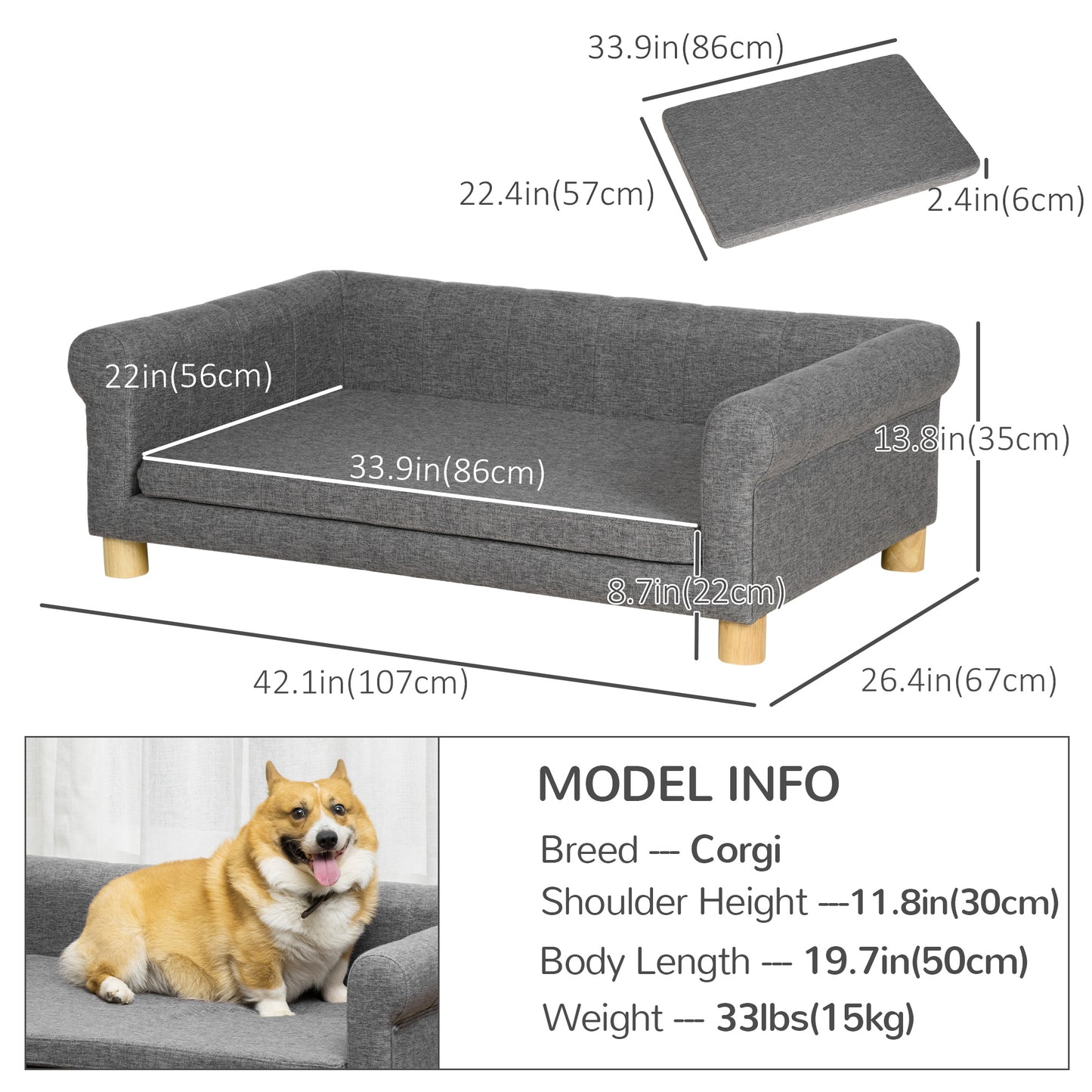 Canapé moderne pour animaux de compagnie, pour taille moyenne et grande, avec coussin amovible, gris foncé