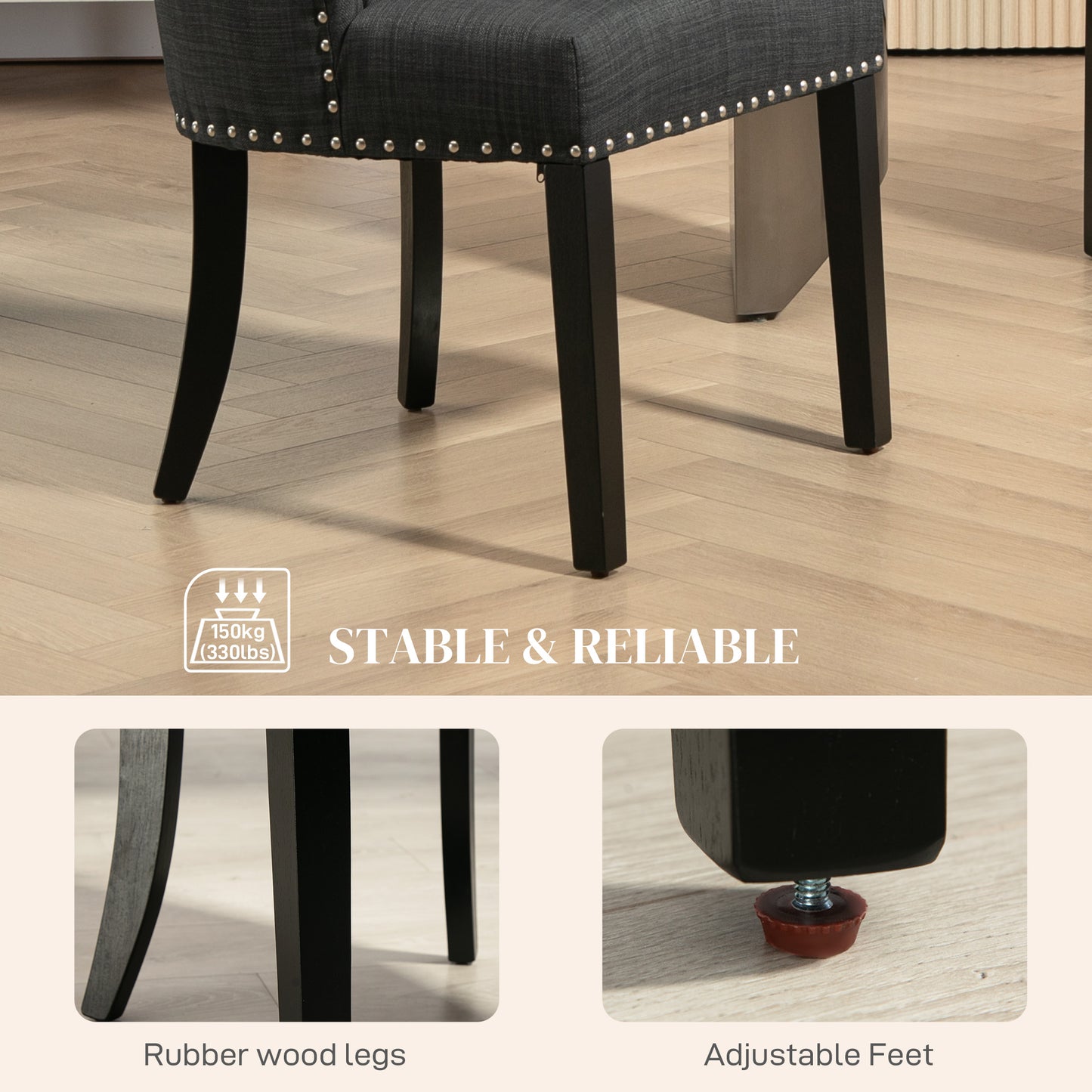 Lot de 2 chaises de salle à manger en lin avec bordure cloutée et pieds en bois, gris foncé