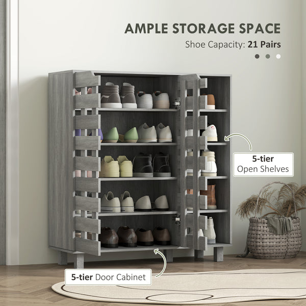 Meuble à chaussures pour 21 paires avec armoire à double porte à 5 niveaux, gris clair