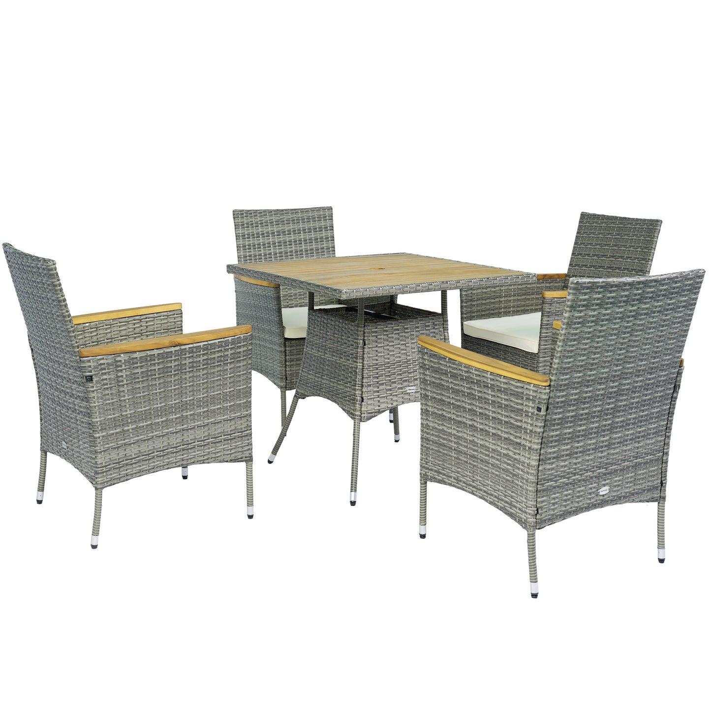 Outsunny 5 Piece Rattan Garden Dining Set with Parasol Hole, Cushions, Garden Table and Chairs, Teak