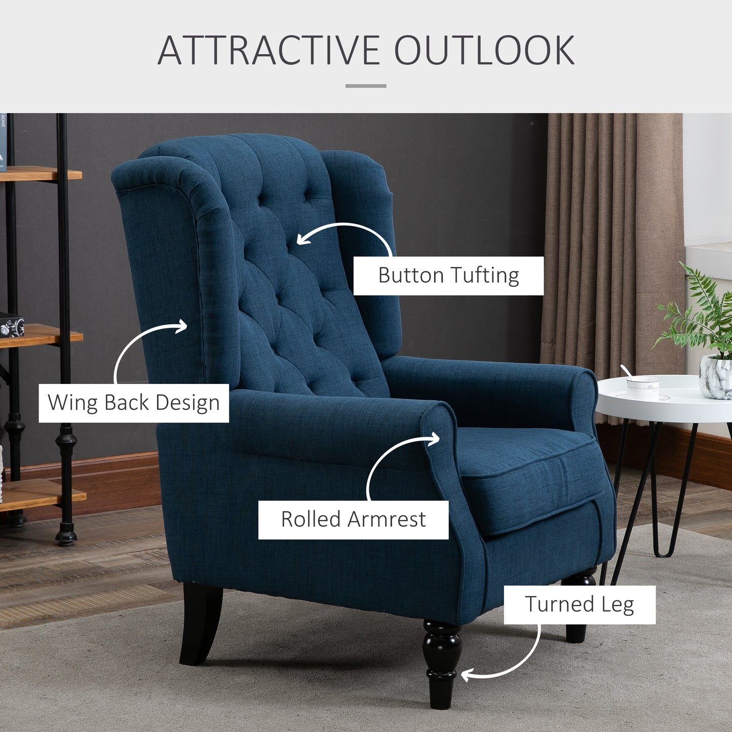 Upholstered accent chair with wooden legs, rounded armrests, thick padding, blue