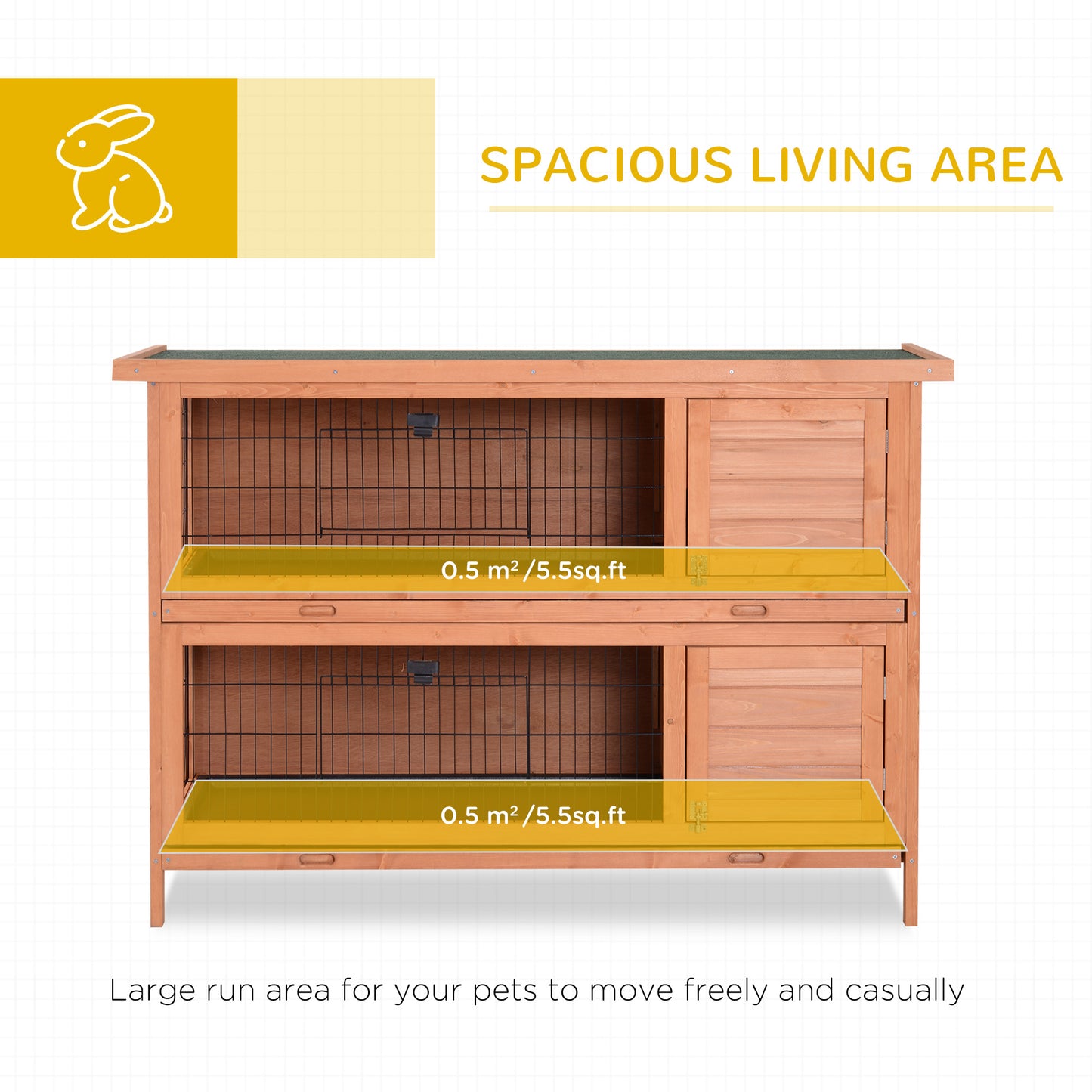 PawHut 54"L 2 étages Grand clapier Cage à lapin Maison en bois pour animaux de compagnie Habitat pour petits animaux avec portes verrouillables, bac anti-fuite et toit étanche pour extérieur/intérieur Orange