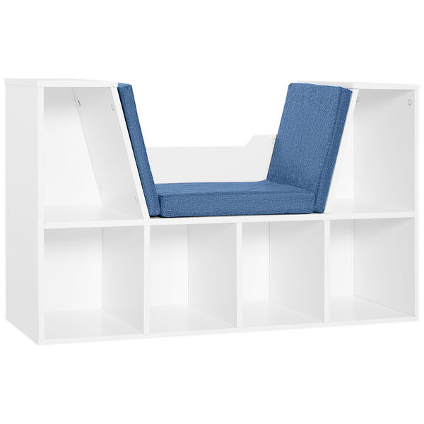 Bibliothèque à 6 compartiments avec coussin d'assise pour coin de lecture, bleu