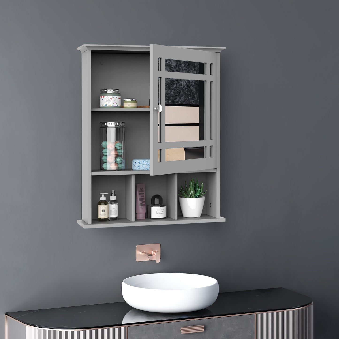 Armoire de salle de bain avec porte miroir et 3 étagères, gris