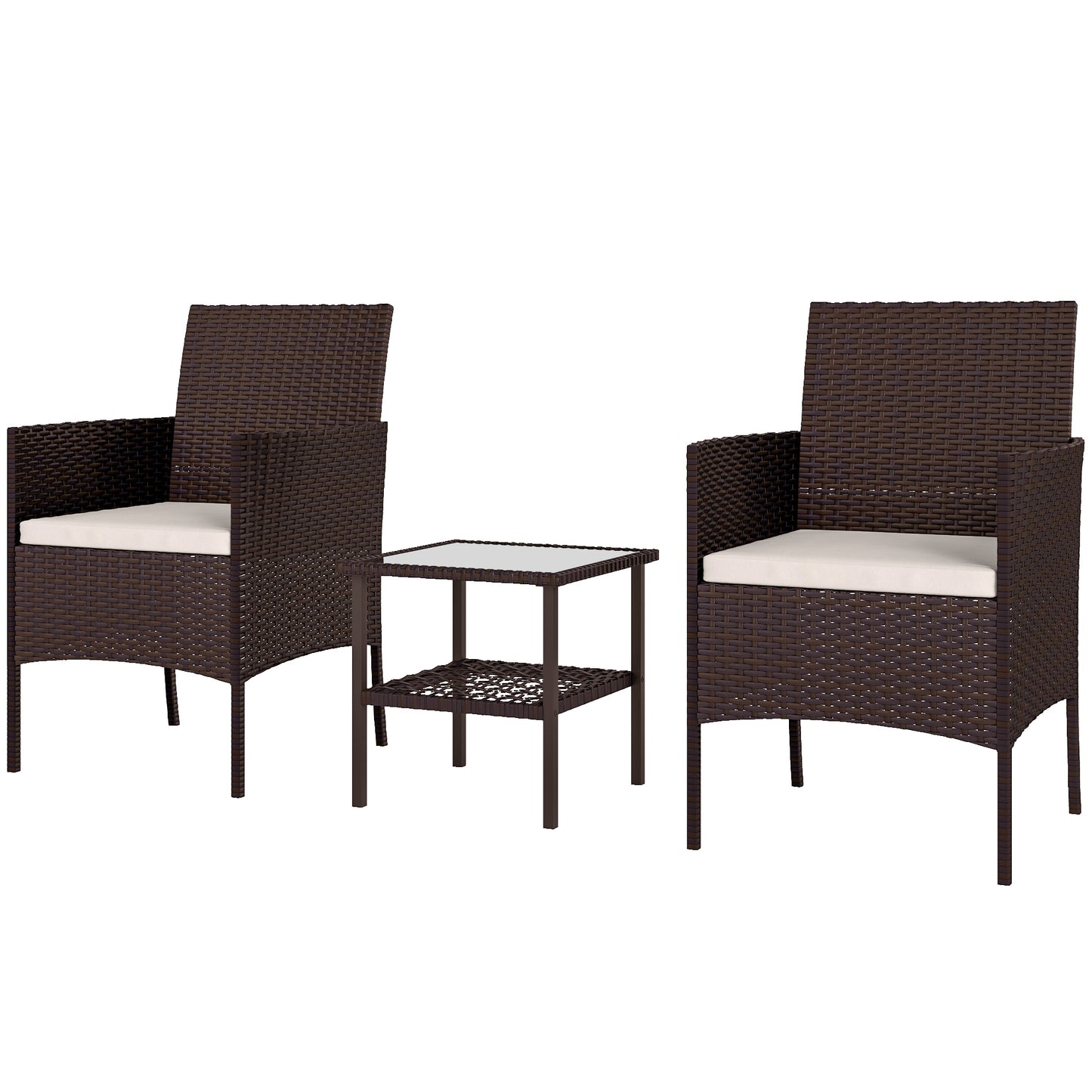 Ensemble bistrot Outsunny en osier, ensemble de 3 meubles de jardin avec table à deux niveaux en verre et coussins pour balcon et véranda, beige