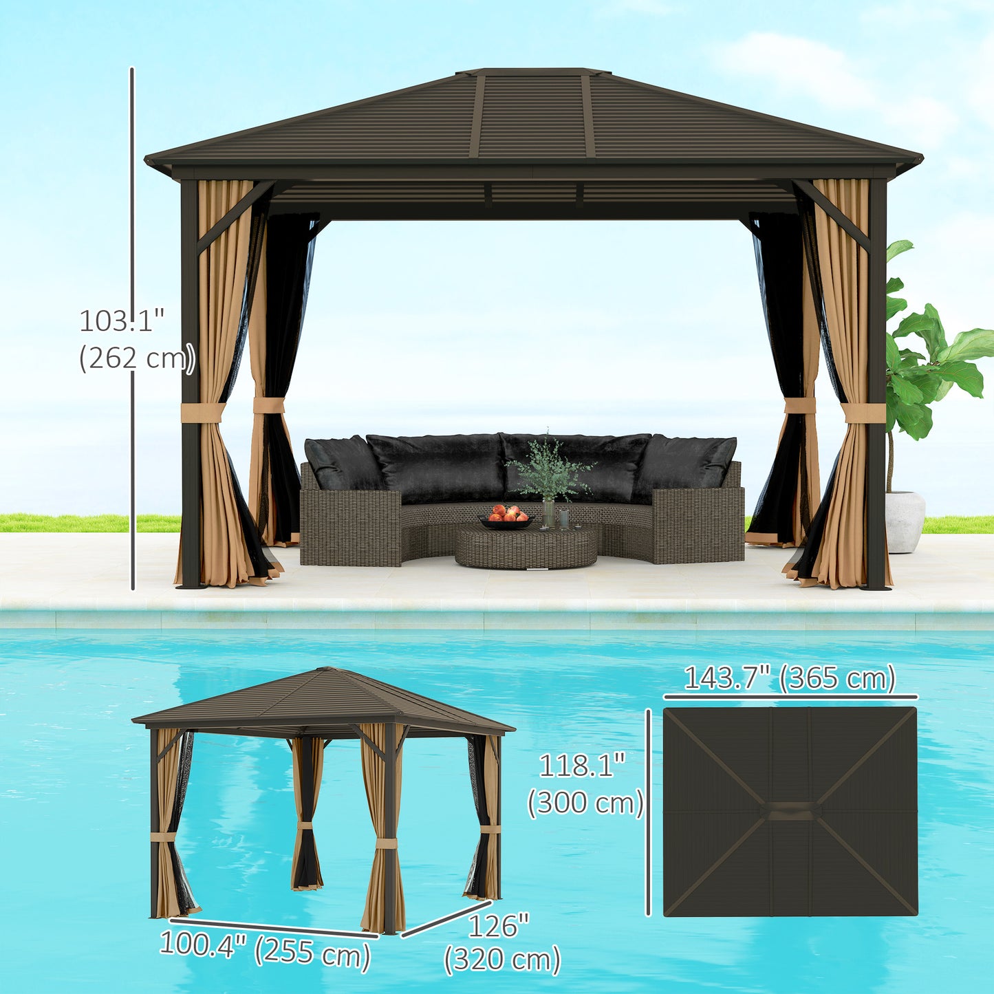 Gazebo 10' x 12' de luxe à toit rigide avec cadre en aluminium pour patio, café