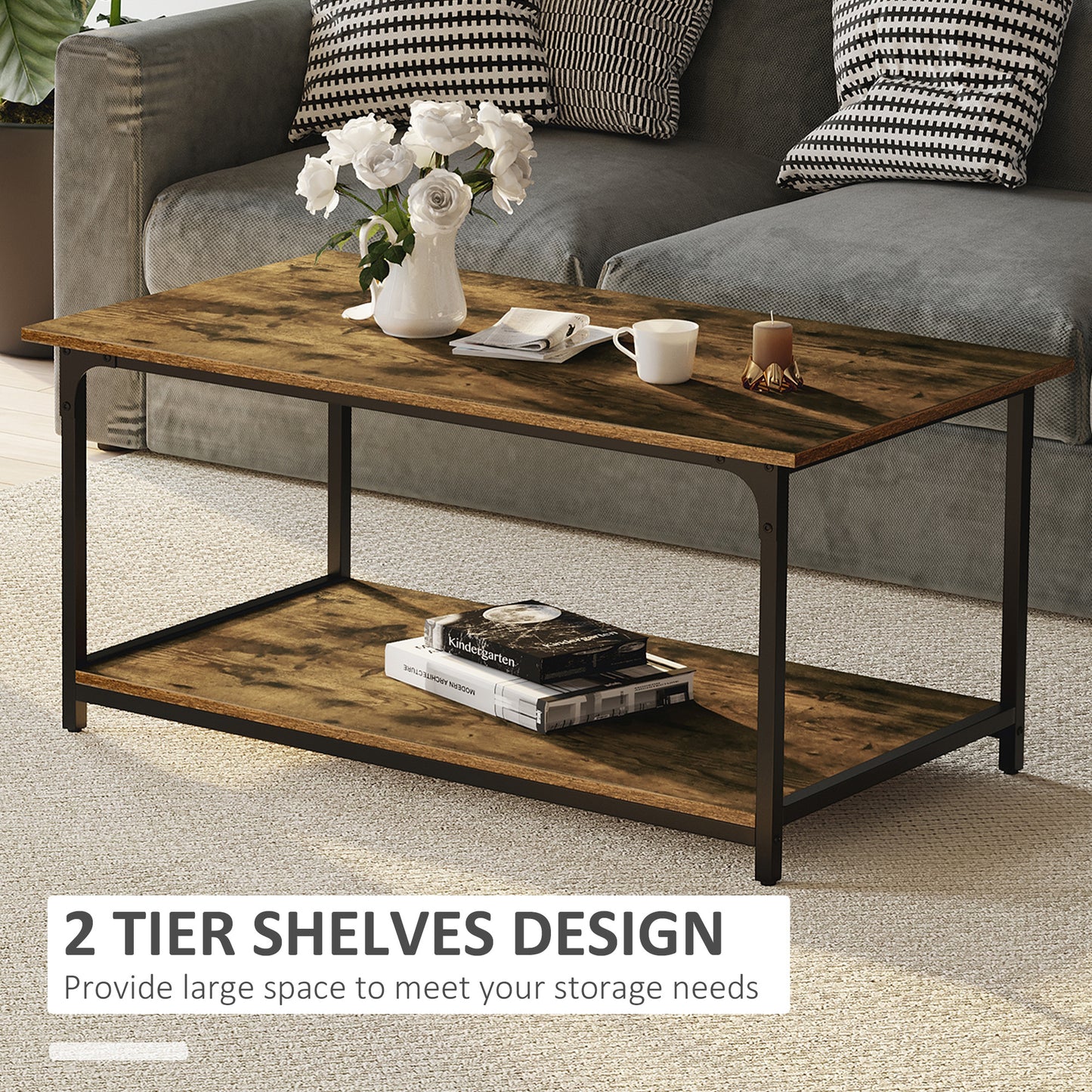 Table basse industrielle avec étagère de rangement pour salon, marron rustique
