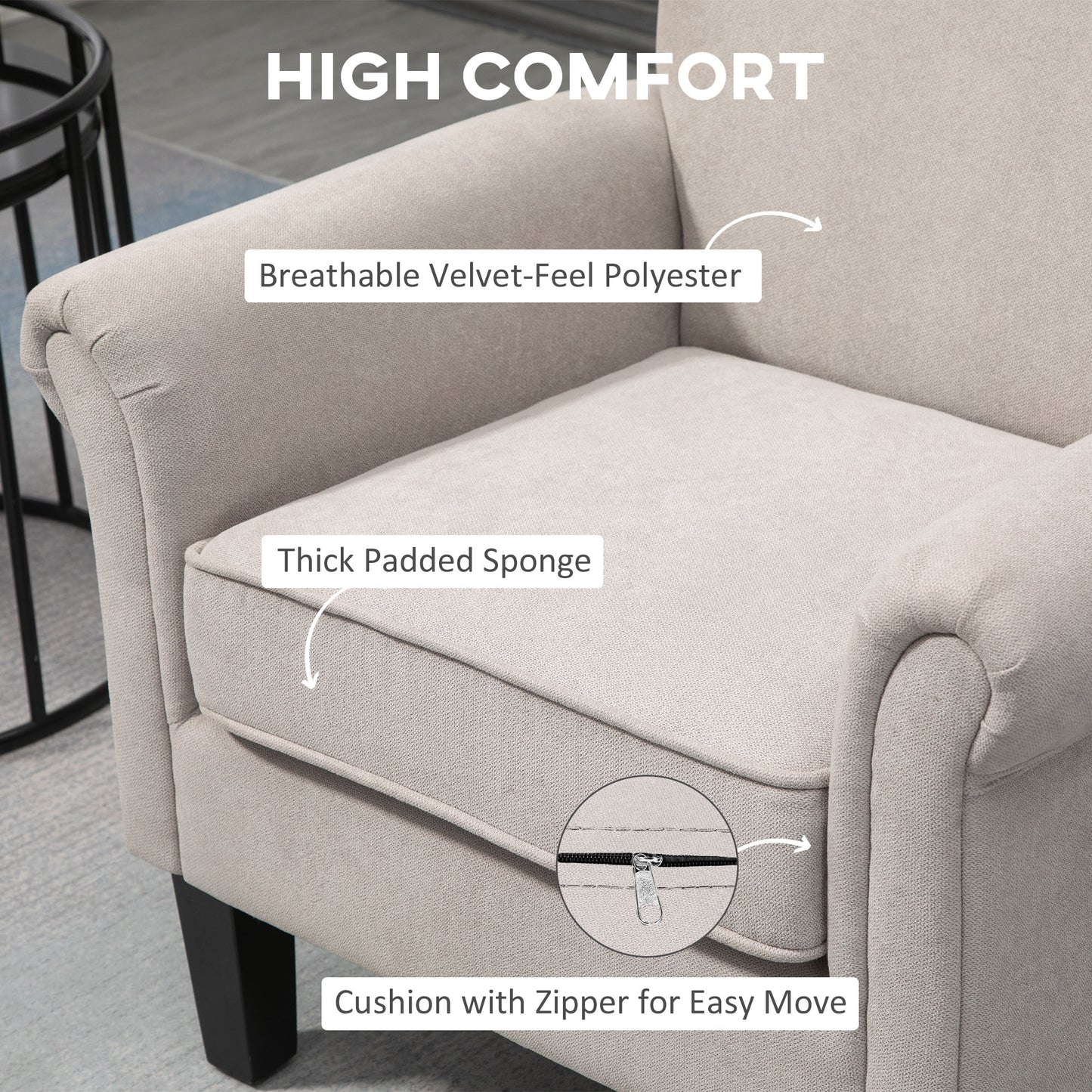 Fauteuil d'appoint rembourré avec tissu doux au toucher velours, accoudoirs roulés, gris
