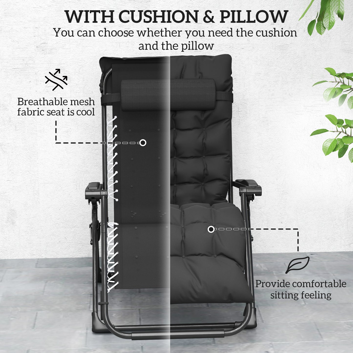 Outsunny Set of 2 Folding Garden Chairs, Zero Gravity Reclining, Sun Lounger with Cushion and Headrest, Black