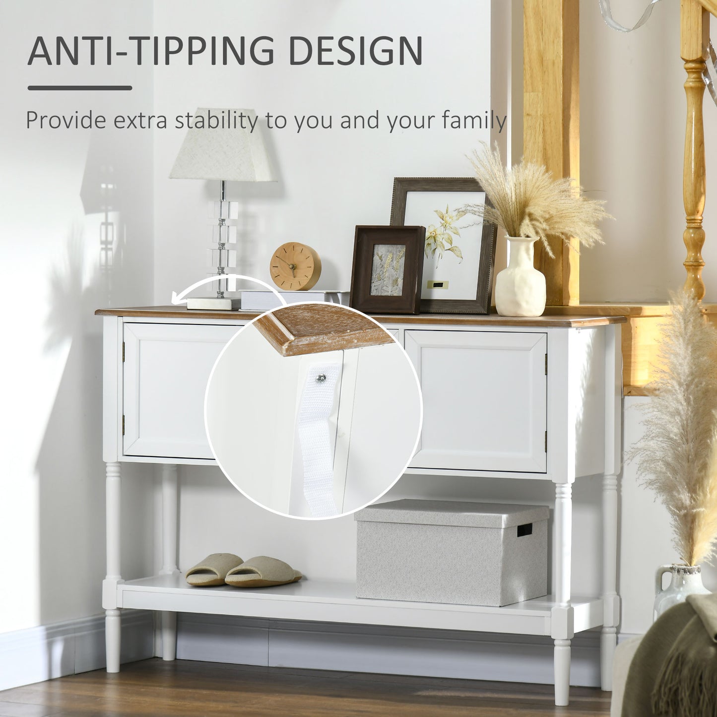 Console vintage avec 2 tiroirs et rangements, blanche
