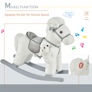 Plush Rocking Horse with Teddy Bear, White