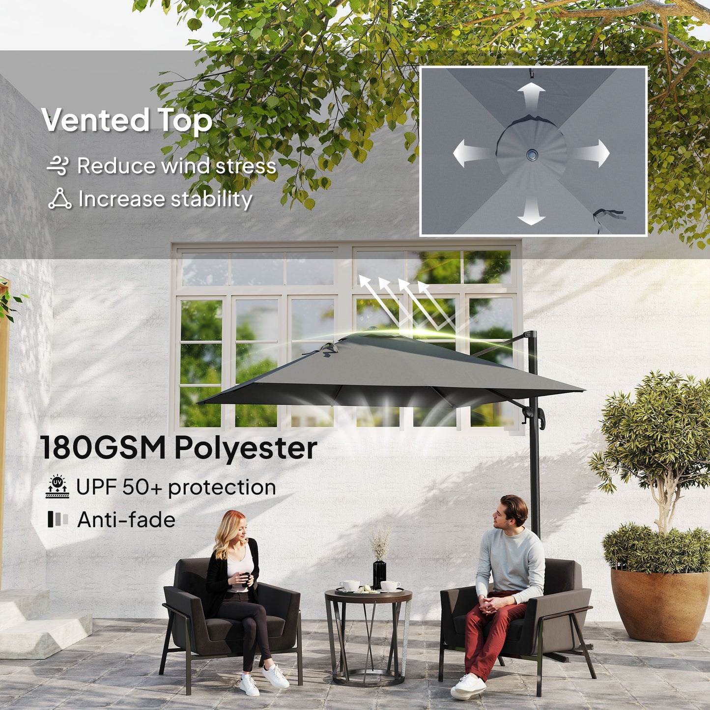 Outsunny 8 FT Aluminum Cantilever Patio Umbrella with 360° Rotation, Cross Base, Crank and Tilt for Garden, Patio, Dark Gray |