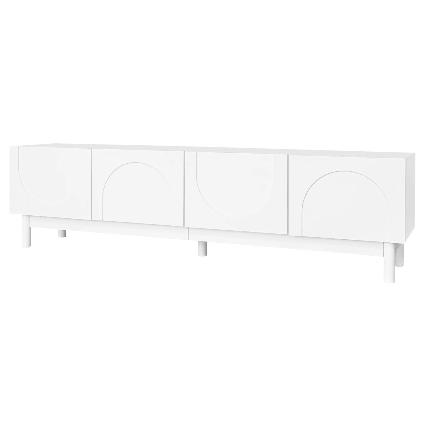 Meuble TV moderne avec portes ondulées, grand espace de rangement et pieds robustes, blanc