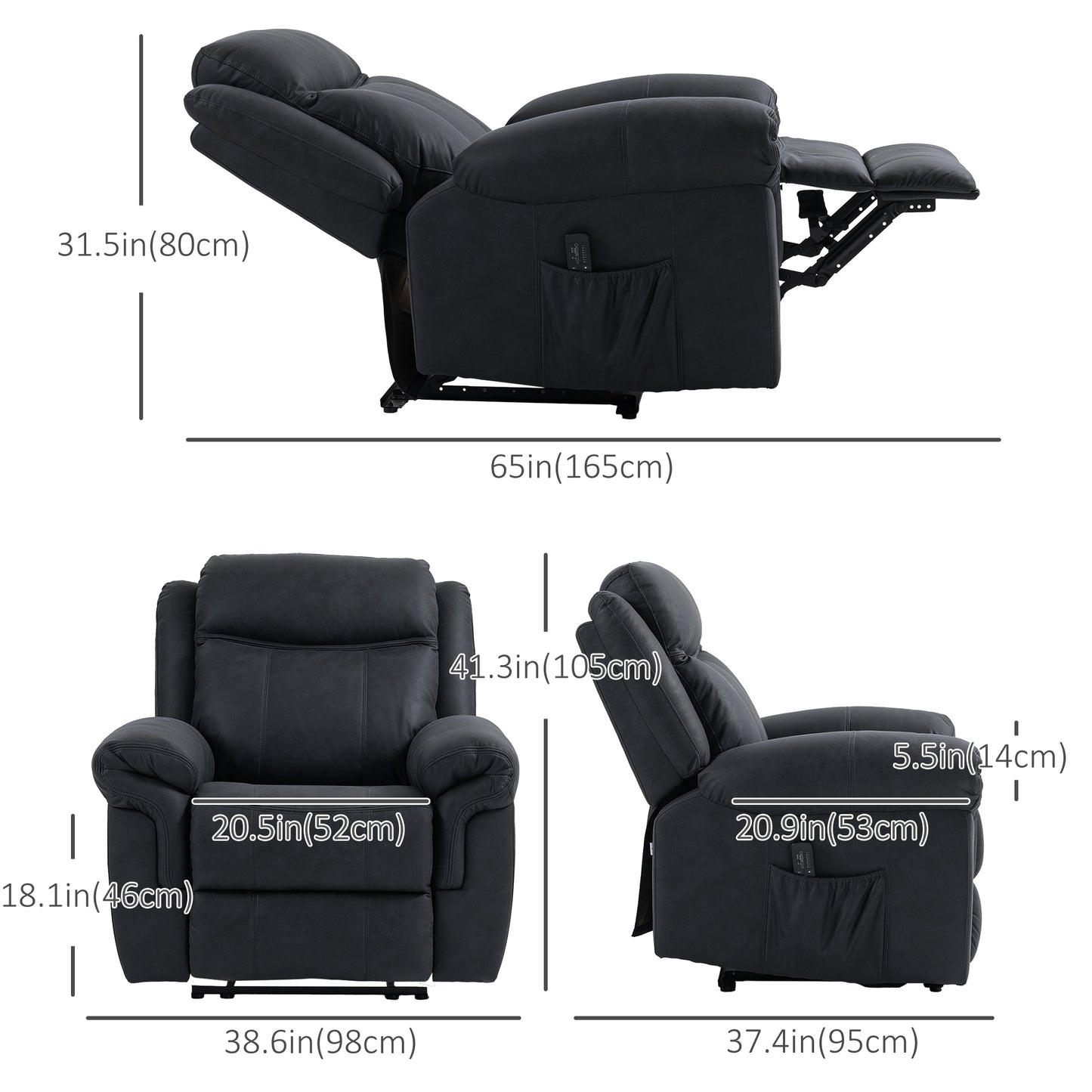 Fauteuil inclinable manuel avec massage par vibrations, poches latérales, fauteuil inclinable en microfibre, noir