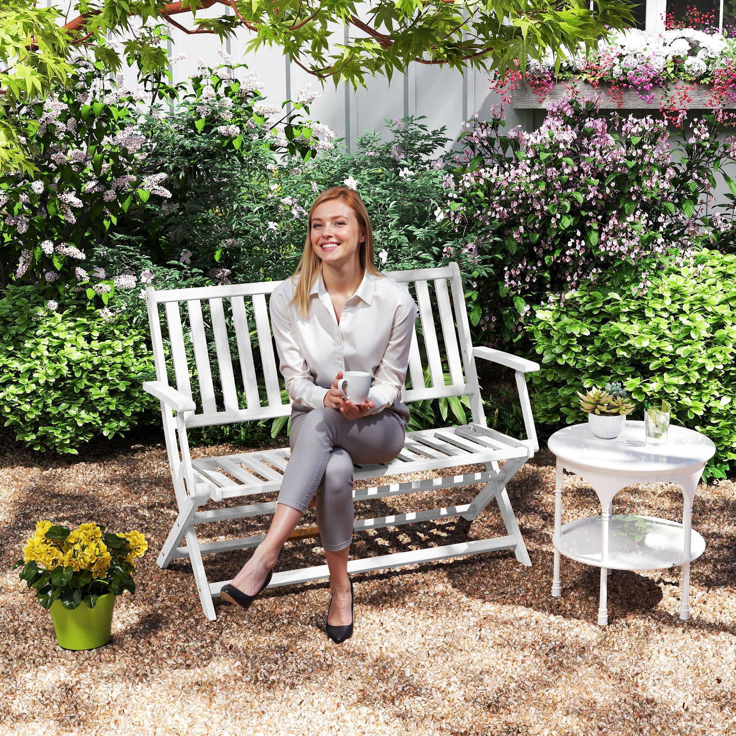 Banc d'extérieur pliable en bois avec dossier et accoudoirs, blanc