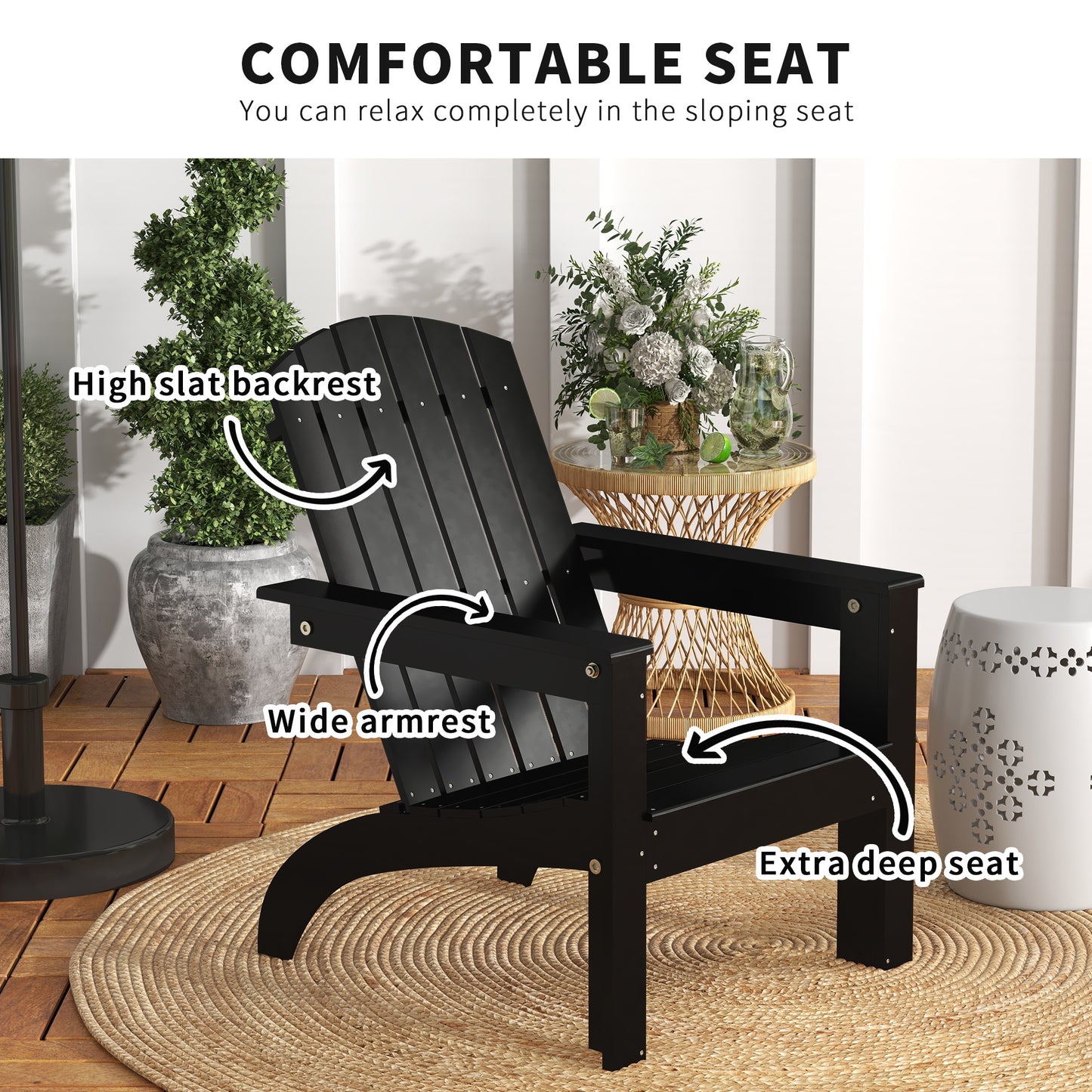 Chaise Adirondack Muskoka en peuplier avec dossier haut et large assise, noire
